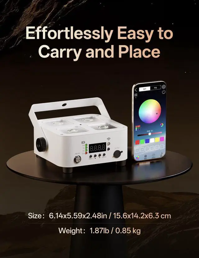 Alt view image 5 of 7 - Wireless Rechargeable Stage Lights, 5200mAh Par Lights, 40W RGBW+UV Uplight, Controllable via APP, Remote Control, and Wireless DMX; Suitable for Weddings, Events, DJ Shows, and Stage Lighting.(White)
