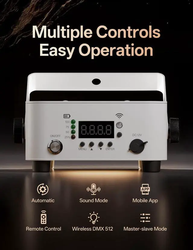 Alt view image 7 of 7 - Wireless Rechargeable Stage Lights, 5200mAh Par Lights, 40W RGBW+UV Uplight, Controllable via APP, Remote Control, and Wireless DMX; Suitable for Weddings, Events, DJ Shows, and Stage Lighting.(White)