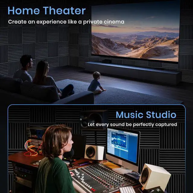 Alt view image 4 of 7 - 100 Pack Sound Proof Foam Panels, 1" x 12" x 12" Acoustic Foam Panels for Wall High Density Soundproofing Wedge Panels for Music Studio Office Game Room with 540PCS Double-Side Adhesive