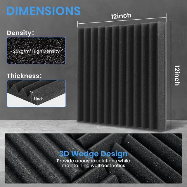 Alt view image 7 of 7 - 100 Pack Sound Proof Foam Panels, 1" x 12" x 12" Acoustic Foam Panels for Wall High Density Soundproofing Wedge Panels for Music Studio Office Game Room with 540PCS Double-Side Adhesive