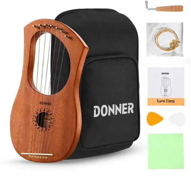 Main image of Lyre Harp, 7 Metal Strings, Mahogany Body and Bone Saddle DLH-001 Lyre Harp for Beginner Kids with Tuning Wrench, Spare String Set, Black Gig Bag, Manual, Ancient Greece Style