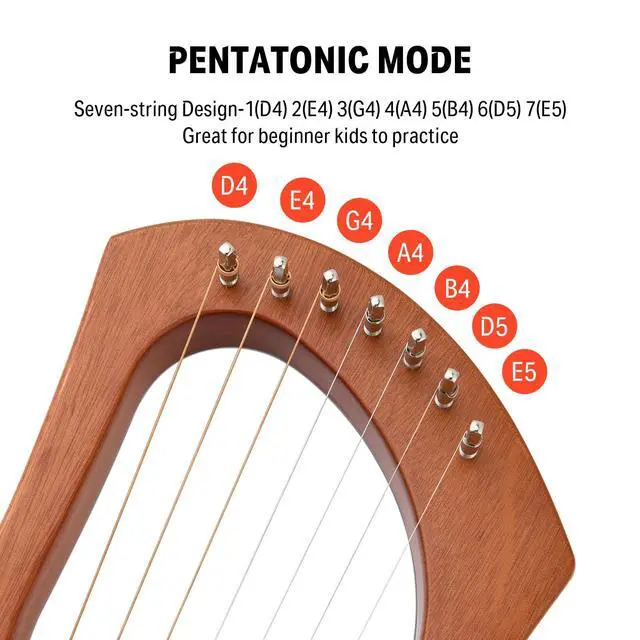 Alt view image 3 of 7 - Lyre Harp, 7 Metal Strings, Mahogany Body and Bone Saddle DLH-001 Lyre Harp for Beginner Kids with Tuning Wrench, Spare String Set, Black Gig Bag, Manual, Ancient Greece Style