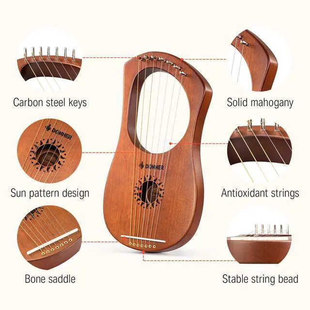 Alt view image 4 of 7 - Lyre Harp, 7 Metal Strings, Mahogany Body and Bone Saddle DLH-001 Lyre Harp for Beginner Kids with Tuning Wrench, Spare String Set, Black Gig Bag, Manual, Ancient Greece Style