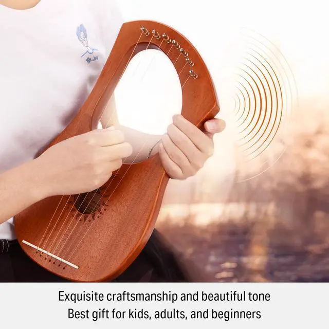 Alt view image 5 of 7 - Lyre Harp, 7 Metal Strings, Mahogany Body and Bone Saddle DLH-001 Lyre Harp for Beginner Kids with Tuning Wrench, Spare String Set, Black Gig Bag, Manual, Ancient Greece Style