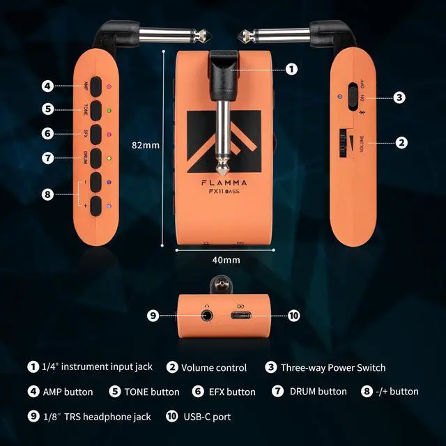 Alt view image 7 of 7 - Bass Headphone Amp Portable Modeling Headphone Amplifier with 28 Drum Grooves 7 Amp Models Built-in Effects 5 Tone Color Support Bluetooth USB Audio Recording&Playback OTG Function Rechargeable