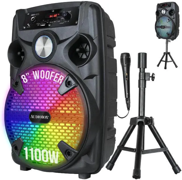 Main image of ABX-82S Portable Bluetooth Party Speaker with Stand - 8" Woofer 1100W WaveSync Technology, LED Lights, USB/TF Card/FM, Loud Bluetooth Speaker PA System w/Wired Microphone & USB Cable, Black