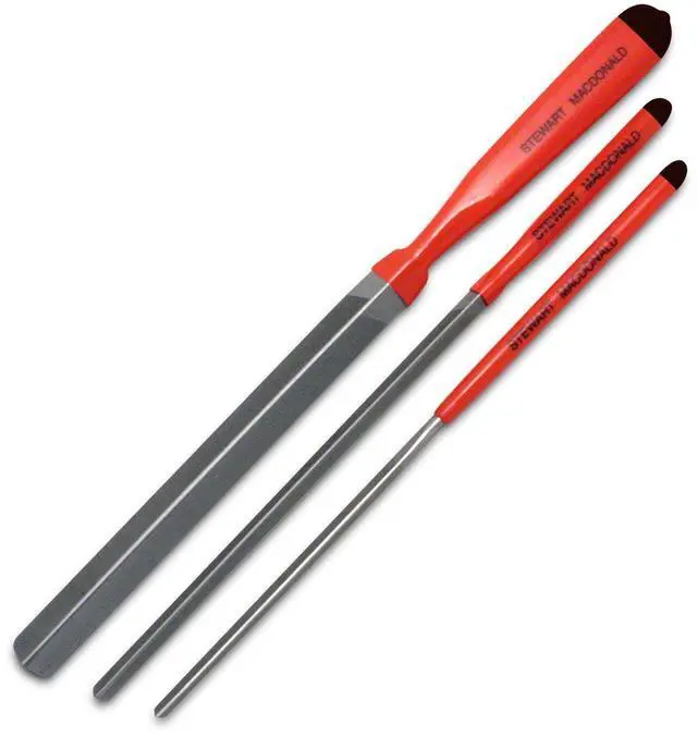 Main image of 3-Corner Fret Dressing Files - Set of 3 Luthier Files for Guitar Crowning & Shaping - Small, Medium, & Large Smooth-Edge Triangular Fret File for Precision Fretwork