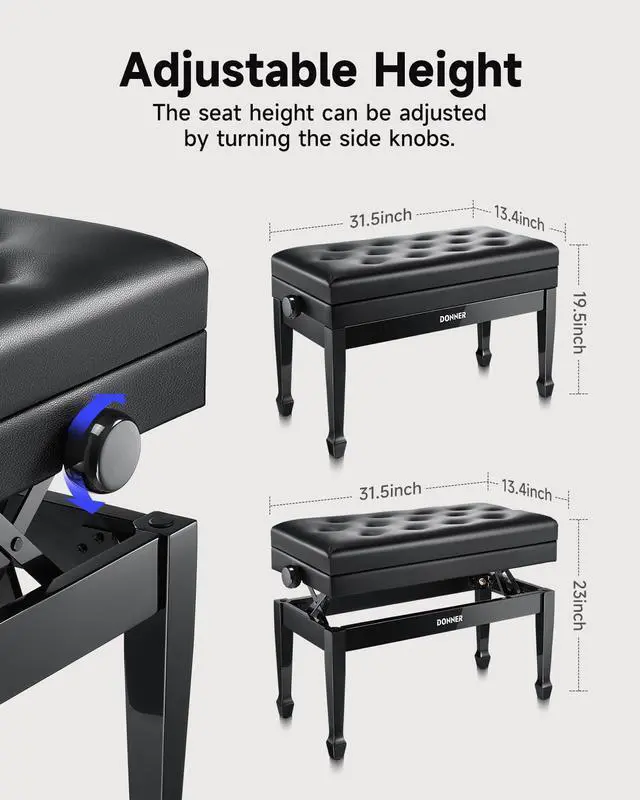 Alt view image 2 of 6 - Adjustable Duet Piano Bench with Storage, Solid Wooden Keyboard Bench Piano Bookcase Stool Chair Seat with High-Density Sponges Cushion, Black