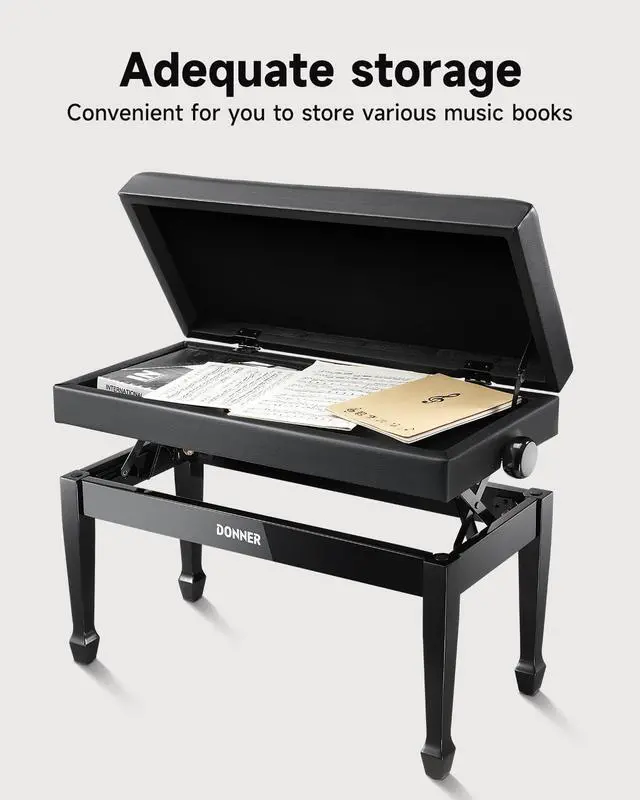 Alt view image 4 of 6 - Adjustable Duet Piano Bench with Storage, Solid Wooden Keyboard Bench Piano Bookcase Stool Chair Seat with High-Density Sponges Cushion, Black