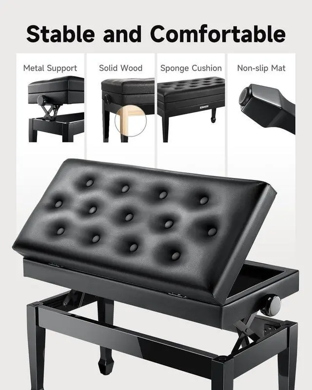 Alt view image 3 of 6 - Adjustable Duet Piano Bench with Storage, Solid Wooden Keyboard Bench Piano Bookcase Stool Chair Seat with High-Density Sponges Cushion, Black