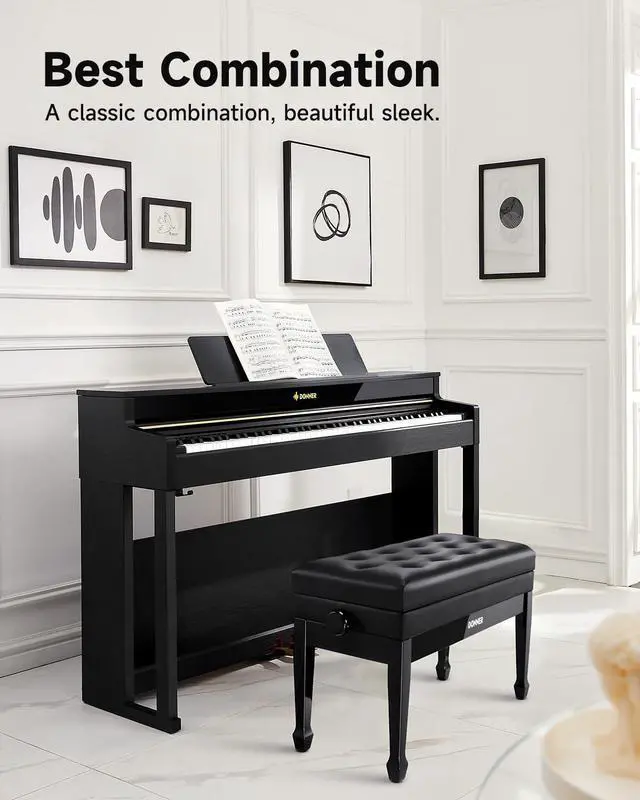 Alt view image 6 of 6 - Adjustable Duet Piano Bench with Storage, Solid Wooden Keyboard Bench Piano Bookcase Stool Chair Seat with High-Density Sponges Cushion, Black