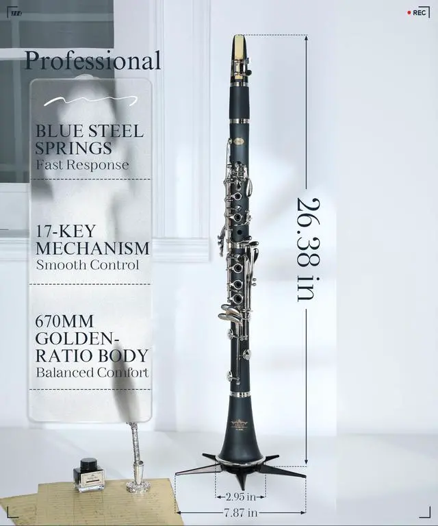 Alt view image 5 of 7 - B Flat Concert Clarinet: Precision Tone Hole Design for Stable Intonation, Durable Nickel-Plated Keys, Including Stylish Case, Barrel, Full Clarinet Cleaning Kit (Ember-MN)
