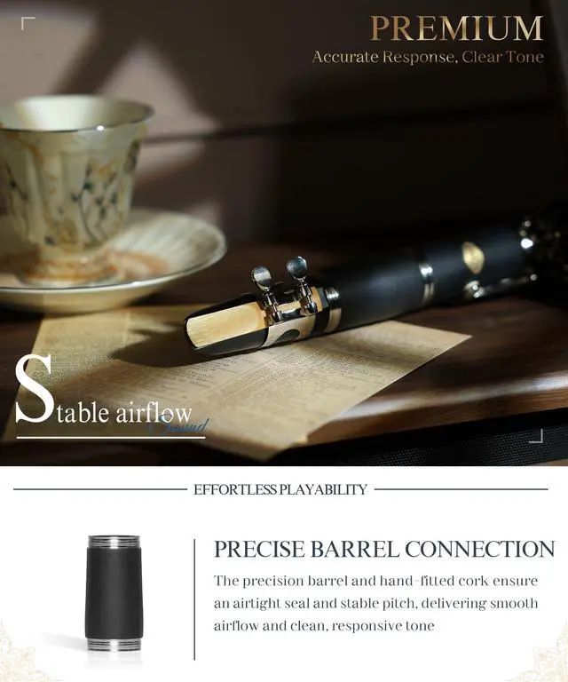 Alt view image 3 of 7 - B Flat Concert Clarinet: Precision Tone Hole Design for Stable Intonation, Durable Nickel-Plated Keys, Including Stylish Case, Barrel, Full Clarinet Cleaning Kit (Ember-MN)