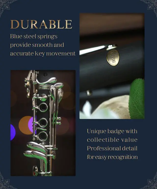 Alt view image 7 of 7 - B Flat Concert Clarinet: Precision Tone Hole Design for Stable Intonation, Durable Nickel-Plated Keys, Including Stylish Case, Barrel, Full Clarinet Cleaning Kit (Ember-MN)