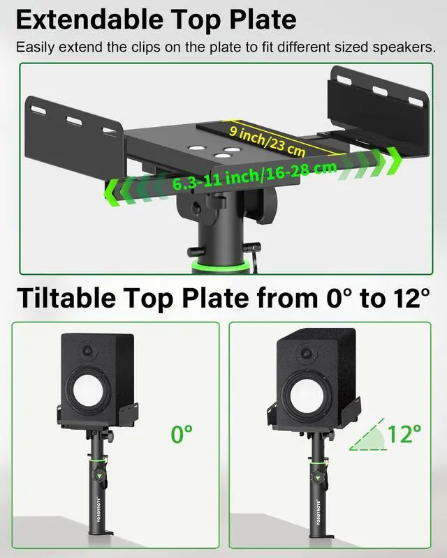 Alt view image 4 of 7 - Dual Side Clamp Studio Monitor Stands Desk Speaker Stands 12°Tilt | 2 Pack, 10.4"-15.4" Height Adjustable, Extendable Top Plate Mounted by Screws, 0-12°Tilt, Desktop Clamp