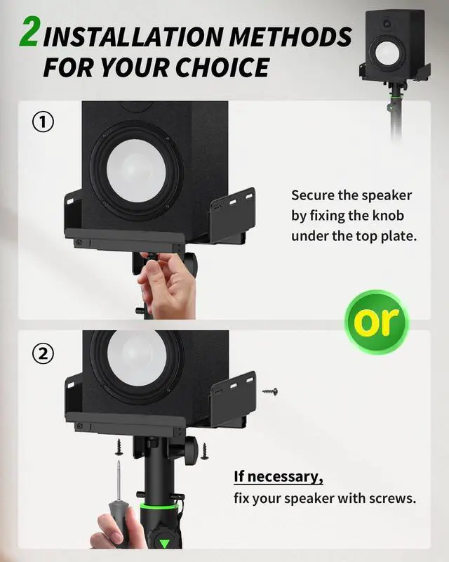 Alt view image 5 of 7 - Dual Side Clamp Studio Monitor Stands Desk Speaker Stands 12°Tilt | 2 Pack, 10.4"-15.4" Height Adjustable, Extendable Top Plate Mounted by Screws, 0-12°Tilt, Desktop Clamp