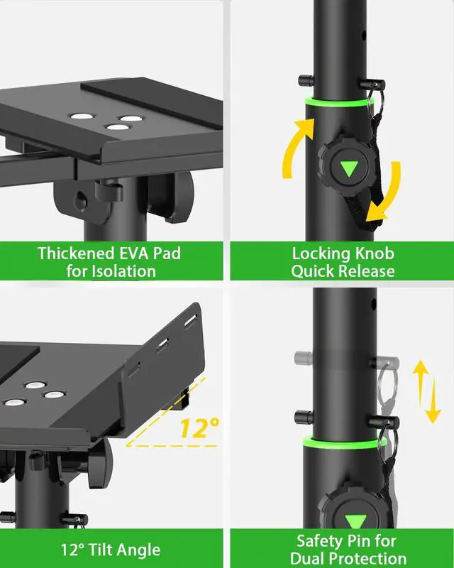 Alt view image 2 of 7 - Dual Side Clamp Studio Monitor Stands Desk Speaker Stands 12°Tilt | 2 Pack, 10.4"-15.4" Height Adjustable, Extendable Top Plate Mounted by Screws, 0-12°Tilt, Desktop Clamp