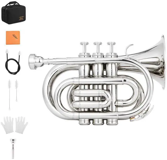 Main image of Pocket Trumpet B Flat for Beginners Students, Brass Trumpet Mouthpiece 7C, Cleaning Kit, Hard Case, Gloves, ETR-330N, Nickel