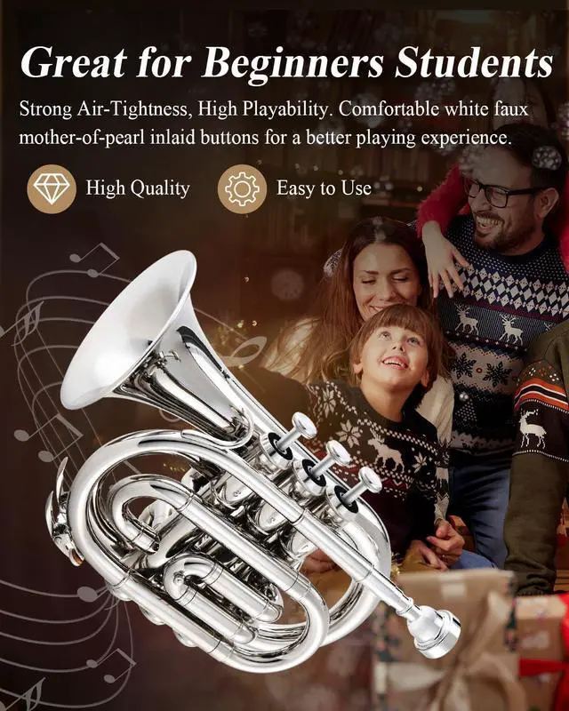 Alt view image 2 of 7 - Pocket Trumpet B Flat for Beginners Students, Brass Trumpet Mouthpiece 7C, Cleaning Kit, Hard Case, Gloves, ETR-330N, Nickel