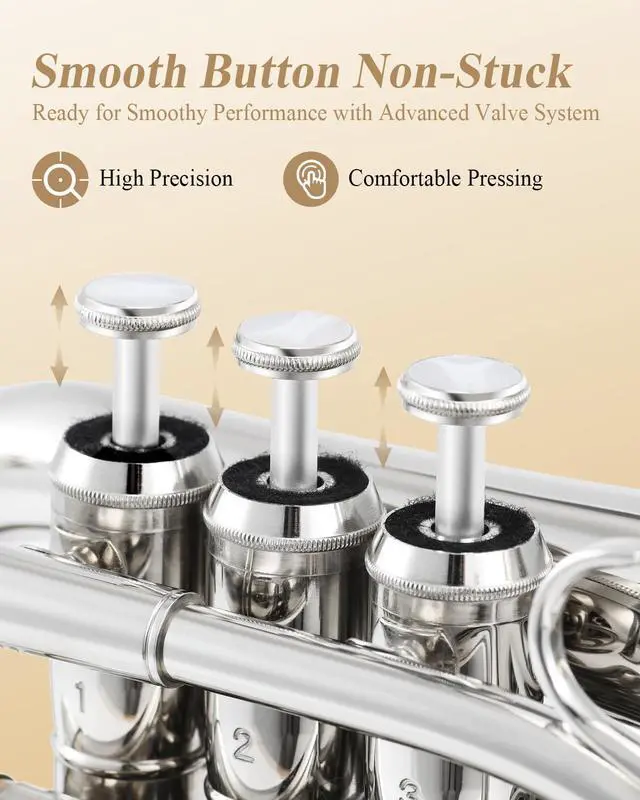 Alt view image 4 of 7 - Pocket Trumpet B Flat for Beginners Students, Brass Trumpet Mouthpiece 7C, Cleaning Kit, Hard Case, Gloves, ETR-330N, Nickel