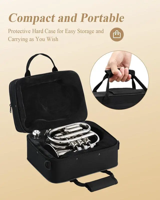 Alt view image 7 of 7 - Pocket Trumpet B Flat for Beginners Students, Brass Trumpet Mouthpiece 7C, Cleaning Kit, Hard Case, Gloves, ETR-330N, Nickel