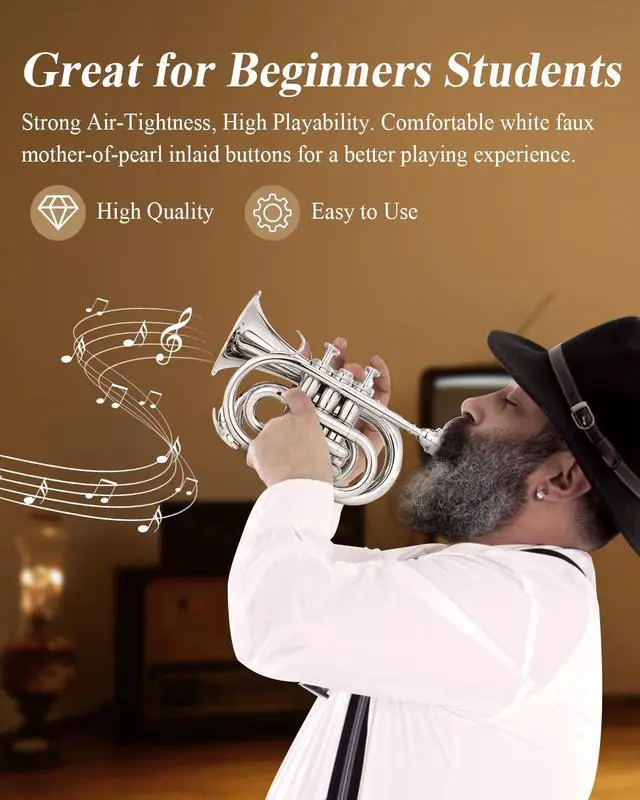 Alt view image 5 of 7 - Pocket Trumpet B Flat for Beginners Students, Brass Trumpet Mouthpiece 7C, Cleaning Kit, Hard Case, Gloves, ETR-330N, Nickel