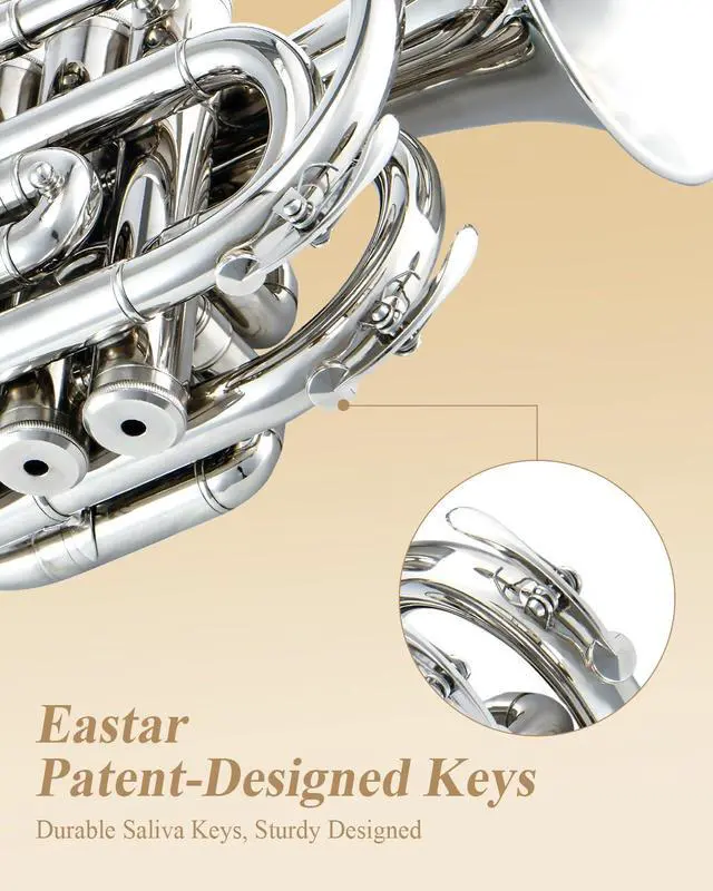 Alt view image 6 of 7 - Pocket Trumpet B Flat for Beginners Students, Brass Trumpet Mouthpiece 7C, Cleaning Kit, Hard Case, Gloves, ETR-330N, Nickel