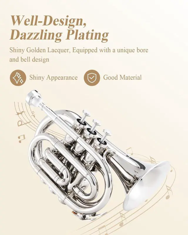 Alt view image 3 of 7 - Pocket Trumpet B Flat for Beginners Students, Brass Trumpet Mouthpiece 7C, Cleaning Kit, Hard Case, Gloves, ETR-330N, Nickel