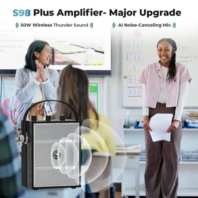 Alt view image 2 of 7 - 50W Voice Amplifier with 2 Mics,Microphone with Speaker | Portable Sound System with Microphone,Bluetooth Speaker Megaphone for Teachers, Classroom, Outdoor, Events -S98Plus