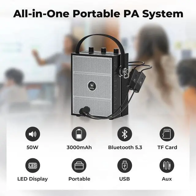 Alt view image 4 of 7 - 50W Voice Amplifier with 2 Mics,Microphone with Speaker | Portable Sound System with Microphone,Bluetooth Speaker Megaphone for Teachers, Classroom, Outdoor, Events -S98Plus