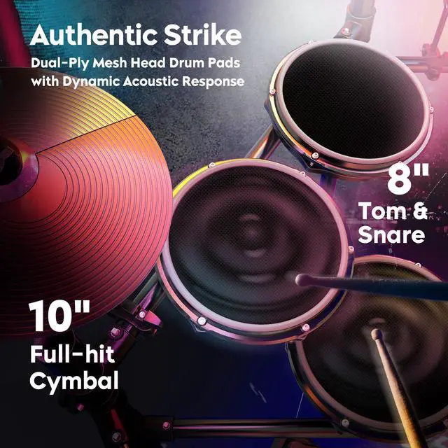 Alt view image 2 of 7 - Groove Electric Drum Kit - 8" Double Layer Mesh Pads | 210+ Sounds | Full Size Kit/ 10" Cymbal & Rock Solid Pedals | Silent Practice | Compact foldable Design| Ideal for Kids & Adults