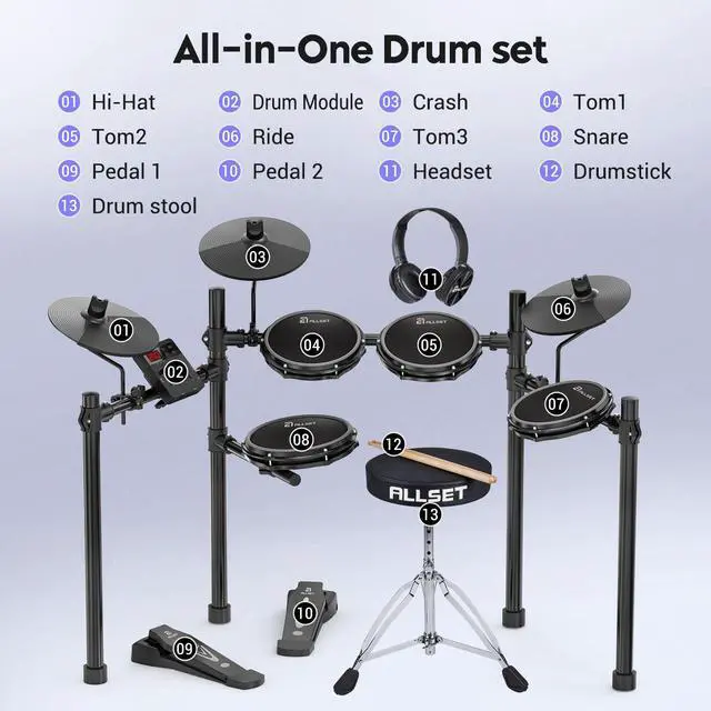 Alt view image 6 of 7 - Groove Electric Drum Kit - 8" Double Layer Mesh Pads | 210+ Sounds | Full Size Kit/ 10" Cymbal & Rock Solid Pedals | Silent Practice | Compact foldable Design| Ideal for Kids & Adults