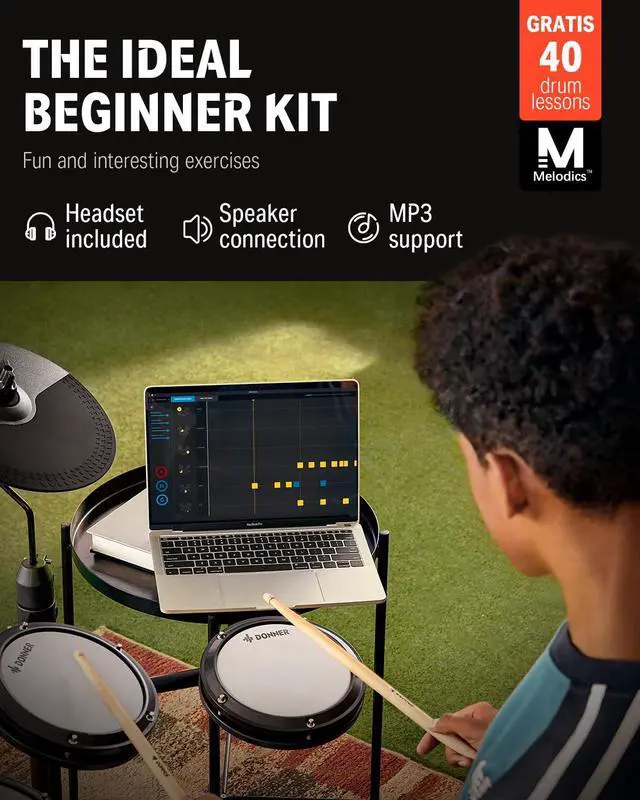 Alt view image 2 of 7 - DED-80 Electronic Drum Set with 4 Quiet Mesh Pads, 180+ Sounds, 2 Pedals, Throne, Headphones, Sticks, and Melodics Lessons