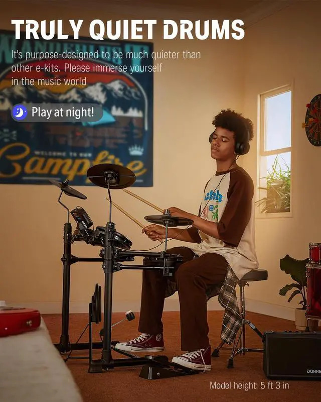 Alt view image 3 of 7 - DED-80 Electronic Drum Set with 4 Quiet Mesh Pads, 180+ Sounds, 2 Pedals, Throne, Headphones, Sticks, and Melodics Lessons