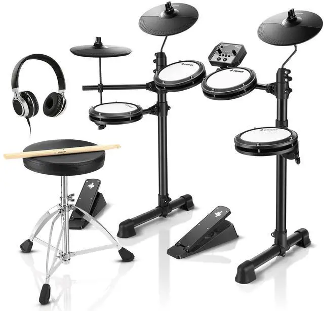 Main image of DED-80 Electronic Drum Set with 4 Quiet Mesh Pads, 180+ Sounds, 2 Pedals, Throne, Headphones, Sticks, and Melodics Lessons