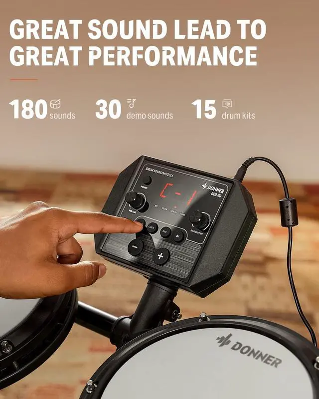 Alt view image 5 of 7 - DED-80 Electronic Drum Set with 4 Quiet Mesh Pads, 180+ Sounds, 2 Pedals, Throne, Headphones, Sticks, and Melodics Lessons