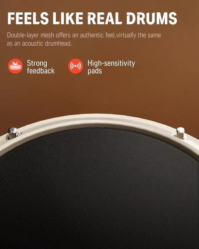 Alt view image 2 of 7 - DED-80 Electric Drum Kit with 4 Quiet Mesh Pads, 180+ Sounds, 30 Demo Songs, 10" Cymbals, 2 Pedals, Throne, Headphones, Sticks, USB MIDI, Melodics Lessons, White
