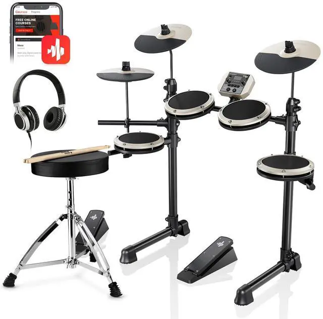 Main image of DED-80 Electric Drum Kit with 4 Quiet Mesh Pads, 180+ Sounds, 30 Demo Songs, 10" Cymbals, 2 Pedals, Throne, Headphones, Sticks, USB MIDI, Melodics Lessons, White