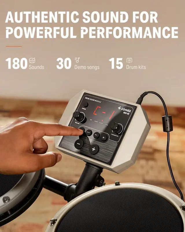 Alt view image 3 of 7 - DED-80 Electric Drum Kit with 4 Quiet Mesh Pads, 180+ Sounds, 30 Demo Songs, 10" Cymbals, 2 Pedals, Throne, Headphones, Sticks, USB MIDI, Melodics Lessons, White