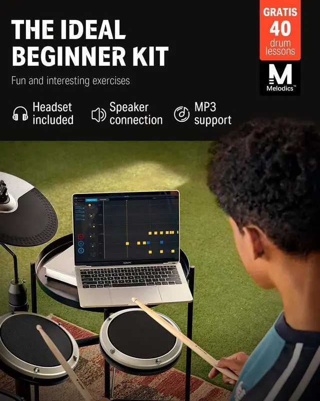 Alt view image 4 of 7 - DED-80 Electric Drum Kit with 4 Quiet Mesh Pads, 180+ Sounds, 30 Demo Songs, 10" Cymbals, 2 Pedals, Throne, Headphones, Sticks, USB MIDI, Melodics Lessons, White