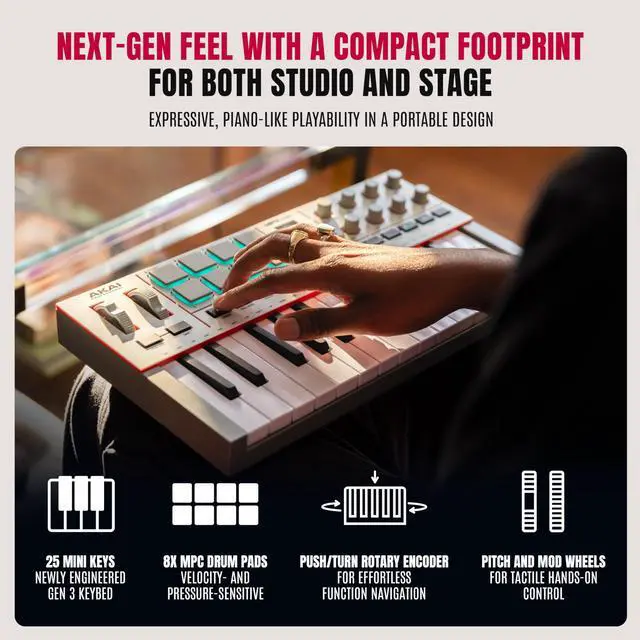 Alt view image 3 of 7 - MPK Mini IV USB-C MIDI Keyboard Controller for Beginners and Producers - MPC Drum Pads, 360° Knobs, Pitch and Mod Wheels, Production Software, Native Instruments Sound Package, Grey