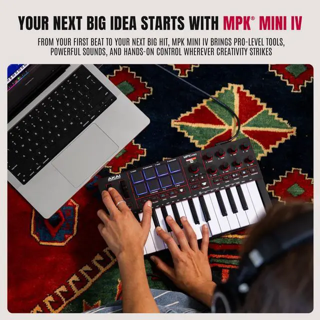 Alt view image 2 of 7 - MPK Mini IV USB-C MIDI Keyboard Controller for Beginners and Producers - MPC Drum Pads, 360° Knobs, Pitch and Mod Wheels, Production Software, Native Instruments Sound Package, Black