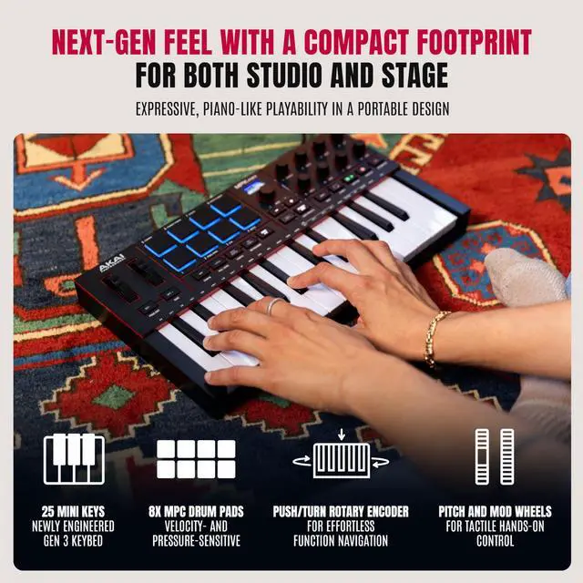 Alt view image 3 of 7 - MPK Mini IV USB-C MIDI Keyboard Controller for Beginners and Producers - MPC Drum Pads, 360° Knobs, Pitch and Mod Wheels, Production Software, Native Instruments Sound Package, Black