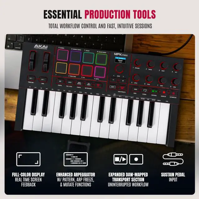 Alt view image 5 of 7 - MPK Mini IV USB-C MIDI Keyboard Controller for Beginners and Producers - MPC Drum Pads, 360° Knobs, Pitch and Mod Wheels, Production Software, Native Instruments Sound Package, Black
