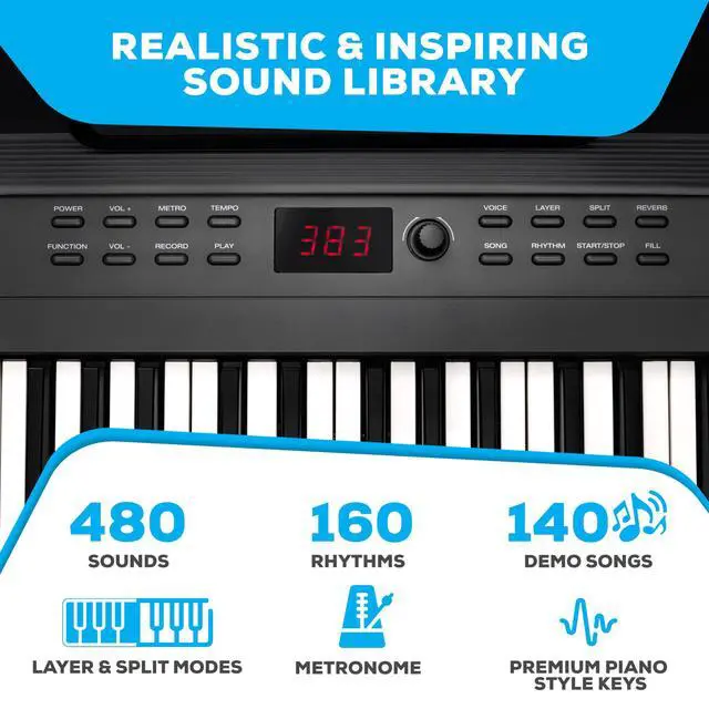 Alt view image 4 of 7 - 88 Key Keyboard Piano with 480 Sounds, Speakers, USB MIDI, Carry-Bag, Stand, Headphones, Pedal and Piano Lessons for Beginners