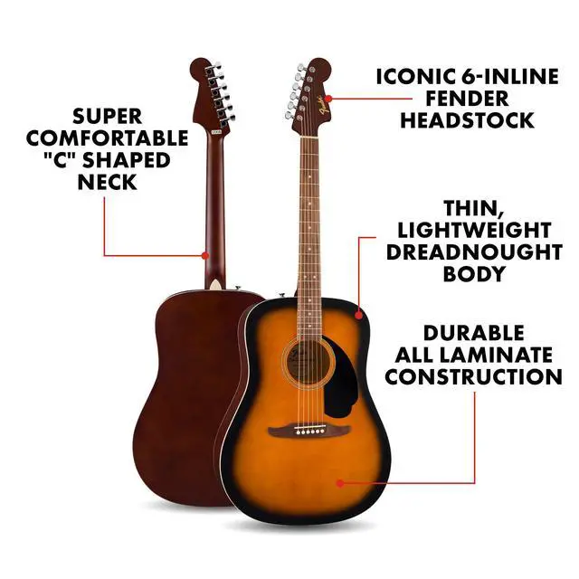 Alt view image 2 of 6 - California Debut Redondo Series Beginner Acoustic Guitar, Sunburst | California Series, beginner acoustic guitar for adults, sunburst finish, under $300, easy playability