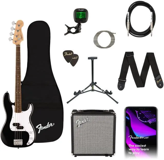 Main image of Squier Debut Series Beginner Precision Bass Guitar Kit w/Amp, Black | Includes Rumble 15 amp, padded gig bag, cable, bass guitar starter kit, everything included