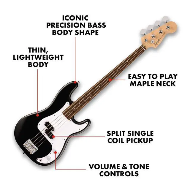 Alt view image 2 of 6 - Squier Debut Series Beginner Precision Bass Guitar Kit w/Amp, Black | Includes Rumble 15 amp, padded gig bag, cable, bass guitar starter kit, everything included