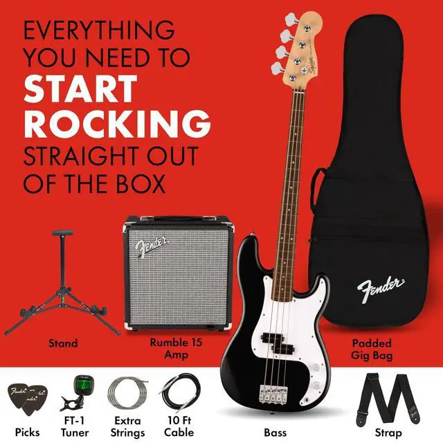 Alt view image 3 of 6 - Squier Debut Series Beginner Precision Bass Guitar Kit w/Amp, Black | Includes Rumble 15 amp, padded gig bag, cable, bass guitar starter kit, everything included