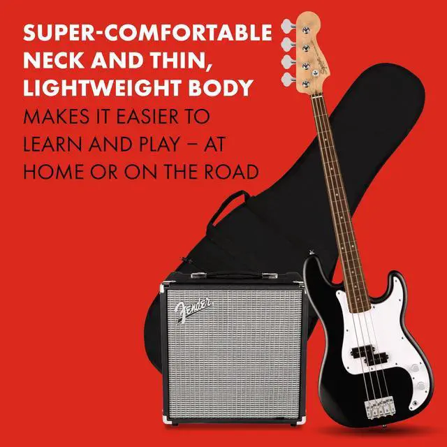 Alt view image 4 of 6 - Squier Debut Series Beginner Precision Bass Guitar Kit w/Amp, Black | Includes Rumble 15 amp, padded gig bag, cable, bass guitar starter kit, everything included